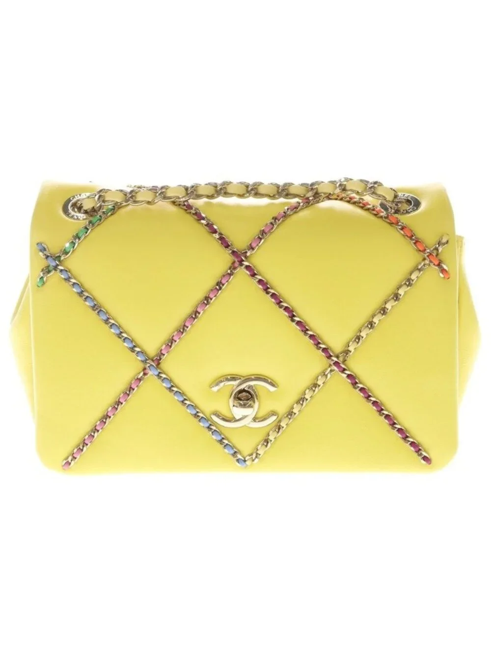Chanel CC Logo Lambskin Flap Chain Shoulder Bag Yellow